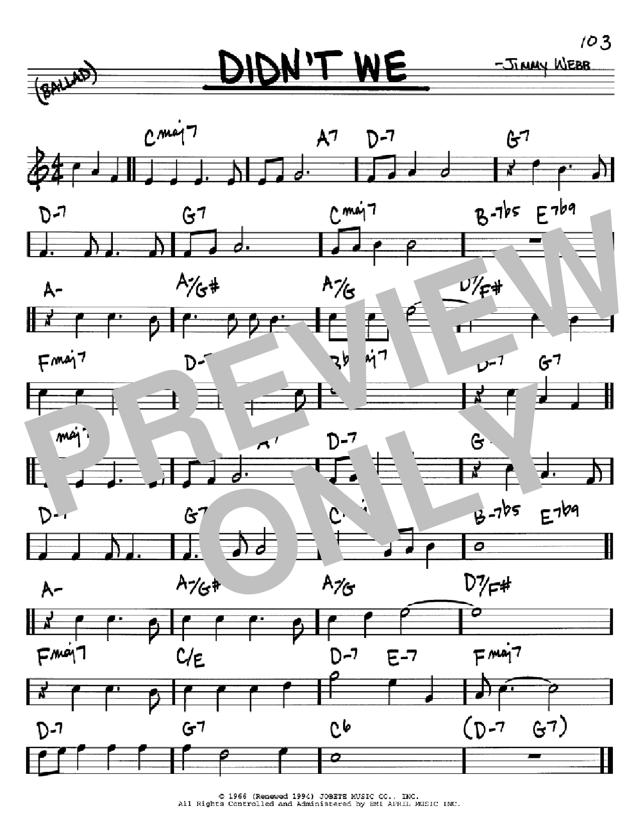 Jimmy Webb Didn't We sheet music notes and chords arranged for Real Book – Melody, Lyrics & Chords