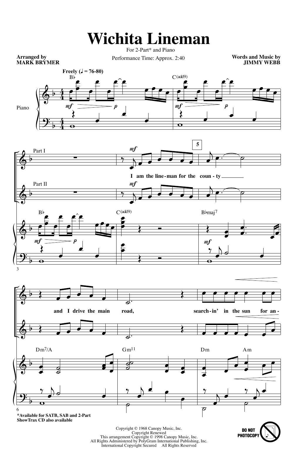 Jimmy Webb Wichita Lineman (arr. Mark Brymer) sheet music notes and chords arranged for 2-Part Choir