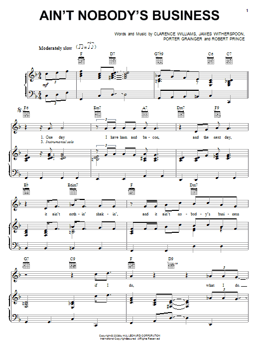 Jimmy Witherspoon Ain't Nobody's Business sheet music notes and chords arranged for Piano, Vocal & Guitar Chords (Right-Hand Melody)