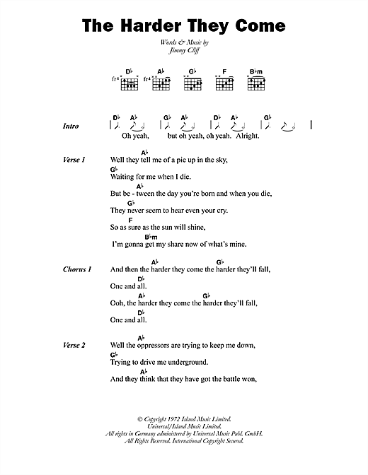 Jimmy Cliff The Harder They Come sheet music notes and chords arranged for Guitar Chords/Lyrics