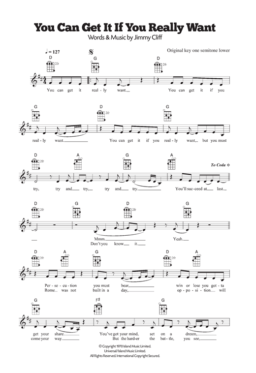 Jimmy Cliff You Can Get It If You Really Want sheet music notes and chords arranged for Ukulele