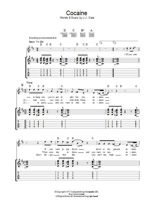 J.J. Cale Cocaine sheet music notes and chords arranged for Guitar Tab
