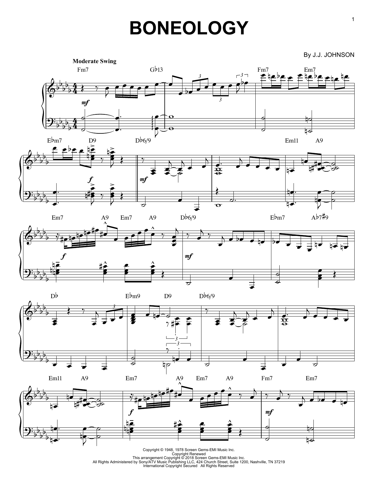 J.J. Johnson Boneology sheet music notes and chords arranged for Piano Solo