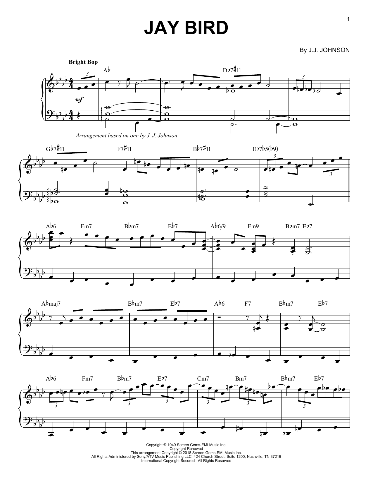 J.J. Johnson Jay Bird sheet music notes and chords arranged for Piano Solo