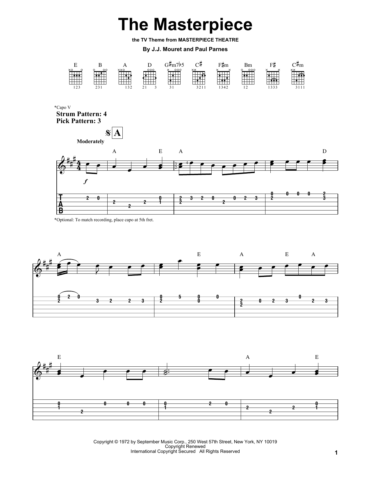 J.J. Mouret The Masterpiece sheet music notes and chords arranged for Easy Guitar Tab