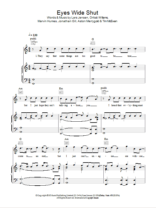 JLS Eyes Wide Shut sheet music notes and chords arranged for Piano, Vocal & Guitar Chords