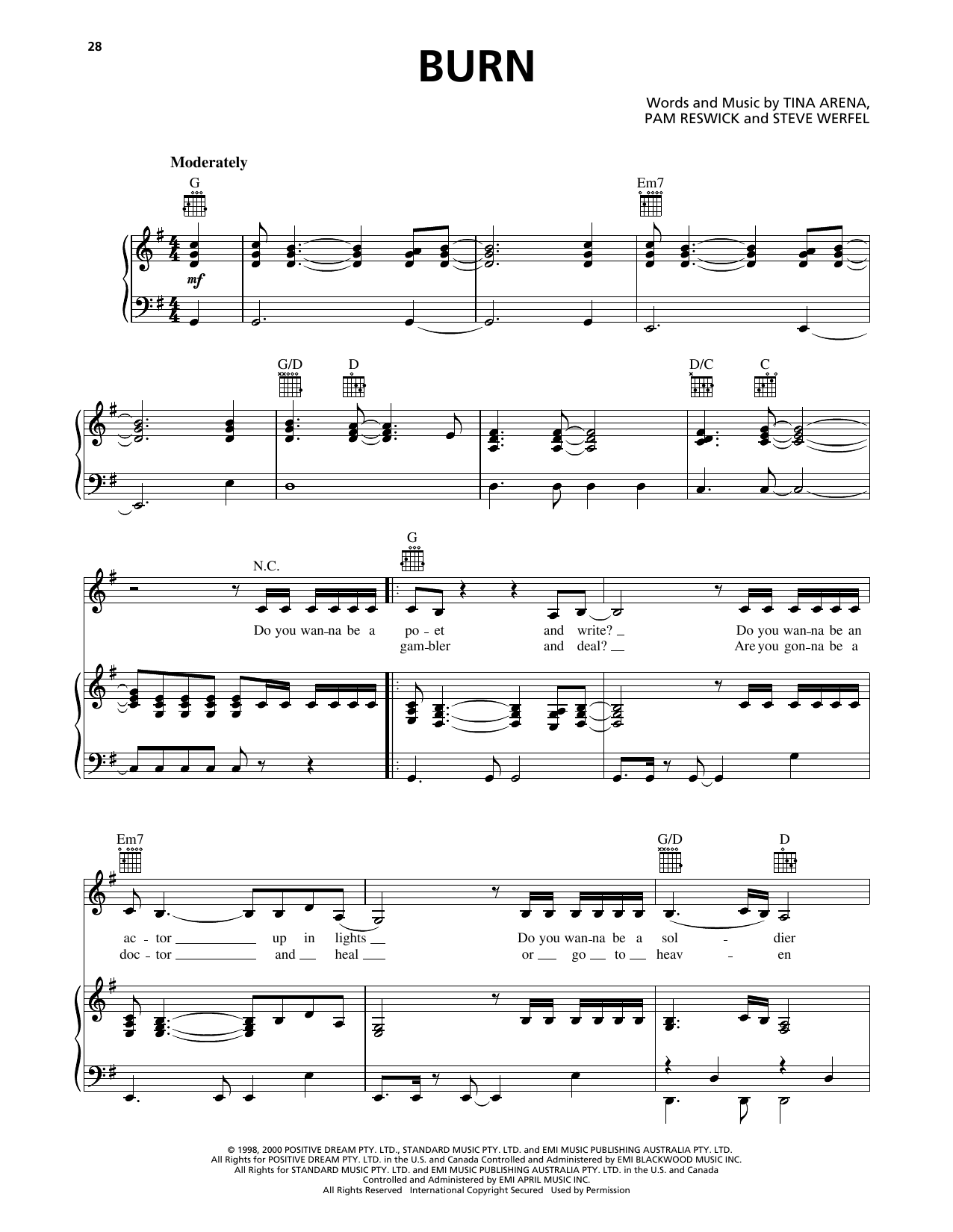 Jo Dee Messina Burn sheet music notes and chords arranged for Piano, Vocal & Guitar Chords (Right-Hand Melody)