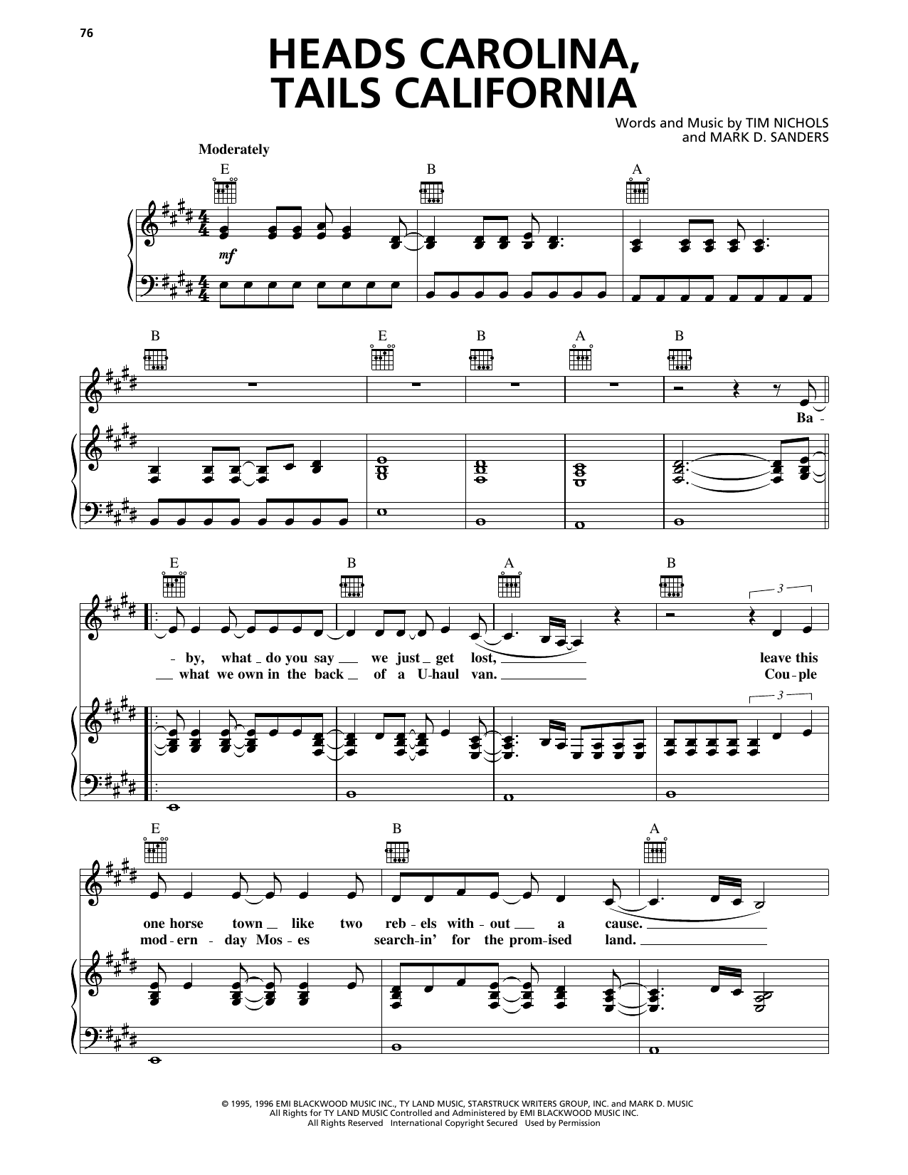 Jo Dee Messina Heads Carolina, Tails California sheet music notes and chords arranged for Piano, Vocal & Guitar Chords (Right-Hand Melody)