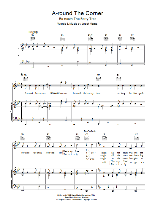 Jo Stafford A-round The Corner (Be-neath The Berry Tree) sheet music notes and chords arranged for Piano, Vocal & Guitar Chords