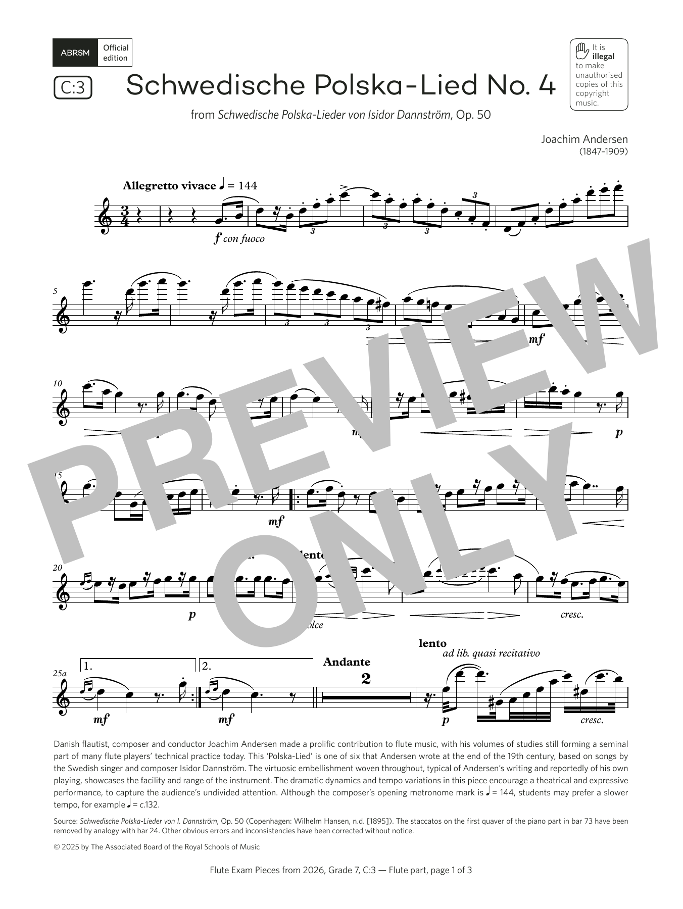 Joachim Andersen Schwedische Polska-Lied No. 4 (Grade 7, list C3, from the ABRSM Flute Syllabus from 2026) sheet music notes and chords arranged for Flute Solo