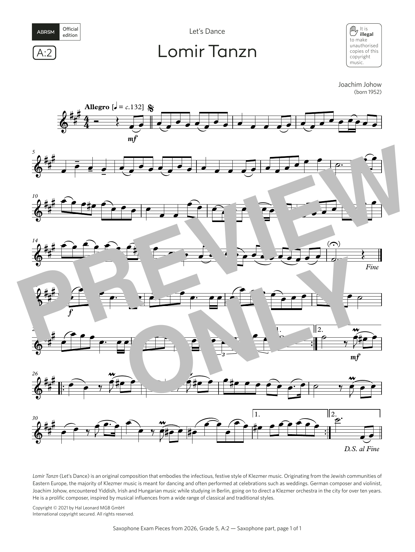 Joachim Johow Lomir Tanzn (Grade 5, list A2, from the ABRSM Saxophone Syllabus from 2026) sheet music notes and chords arranged for Alto Sax Solo
