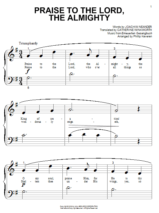 Joachim Neander Praise To The Lord, The Almighty (arr. Phillip Keveren) sheet music notes and chords arranged for Piano Duet