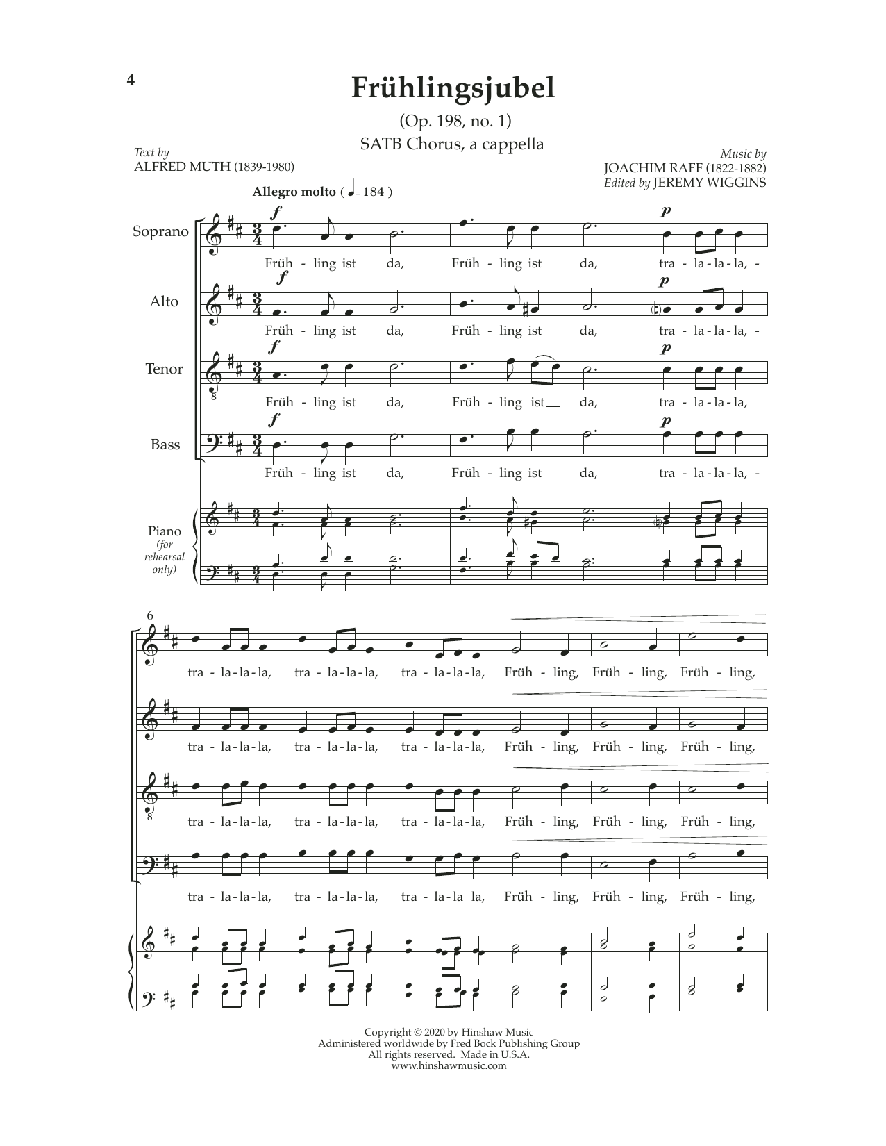 Joachim Raff Frühlingsjubel sheet music notes and chords arranged for SATB Choir