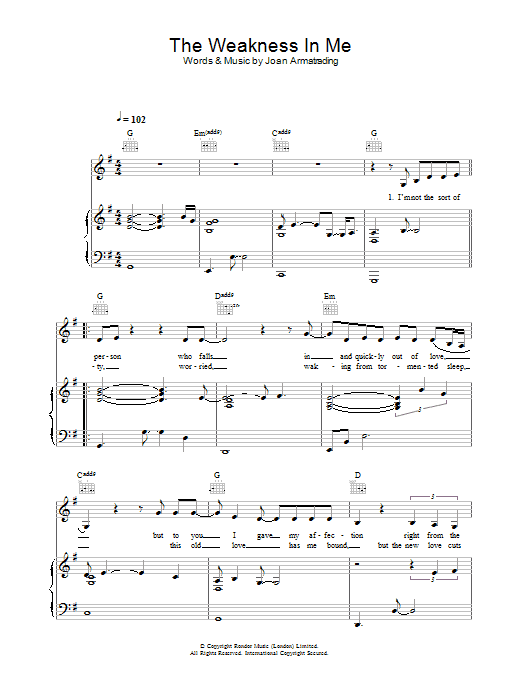 Joan Armatrading The Weakness In Me sheet music notes and chords arranged for Piano, Vocal & Guitar Chords