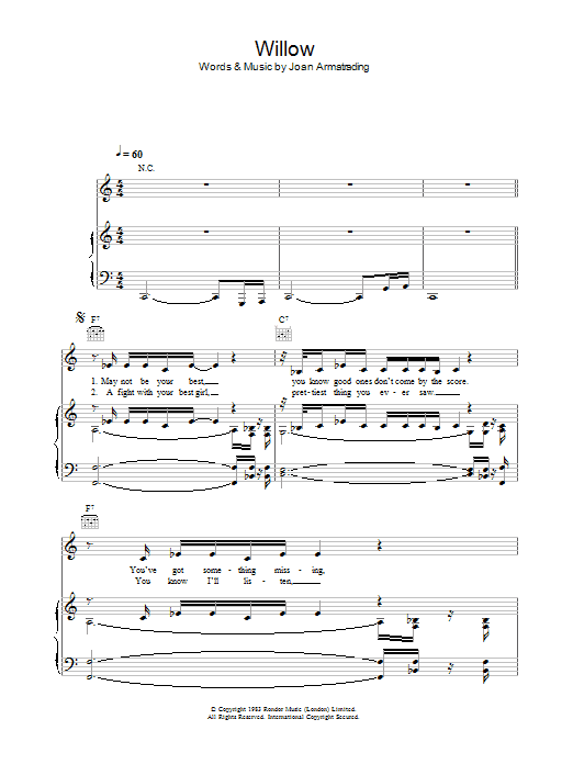 Joan Armatrading Willow sheet music notes and chords arranged for Guitar Chords/Lyrics