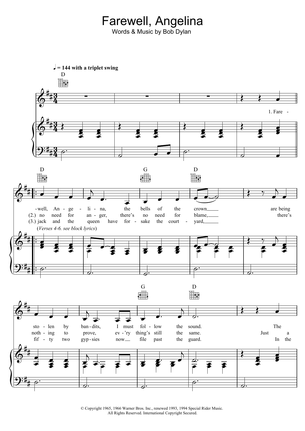 Joan Baez Farewell, Angelina sheet music notes and chords arranged for Piano, Vocal & Guitar Chords