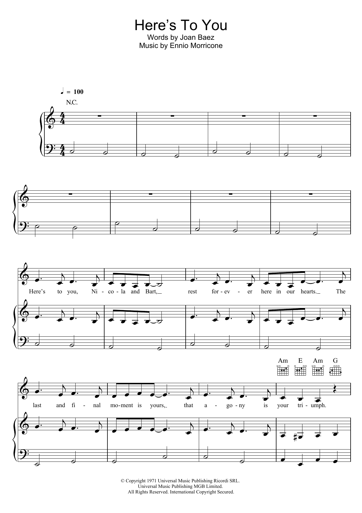 Joan Baez Here's To You sheet music notes and chords arranged for Piano, Vocal & Guitar Chords