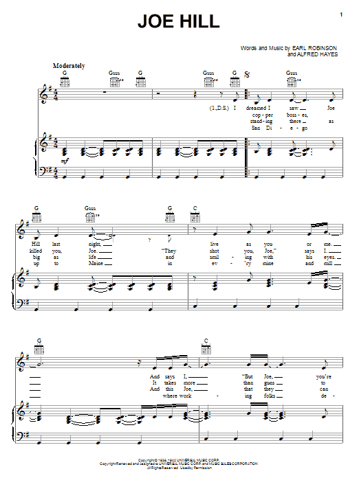 Joan Baez Joe Hill sheet music notes and chords arranged for Piano, Vocal & Guitar Chords (Right-Hand Melody)