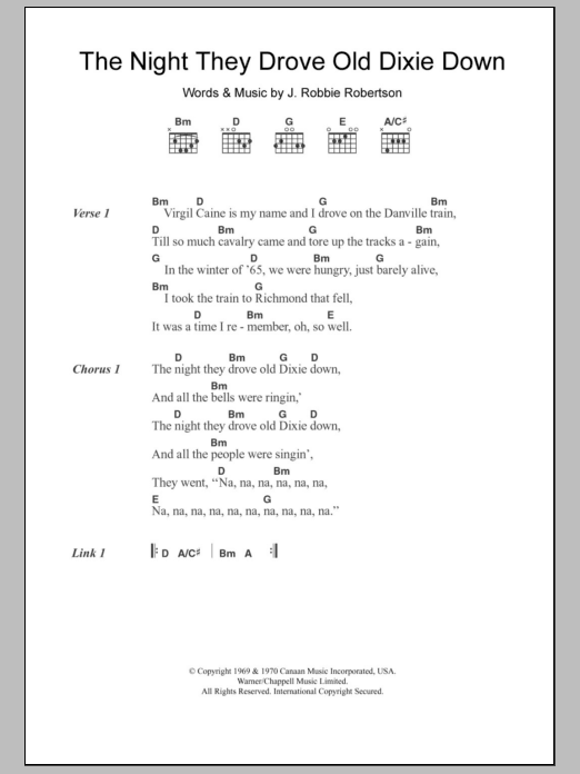 Joan Baez The Night They Drove Old Dixie Down sheet music notes and chords arranged for Guitar Chords/Lyrics