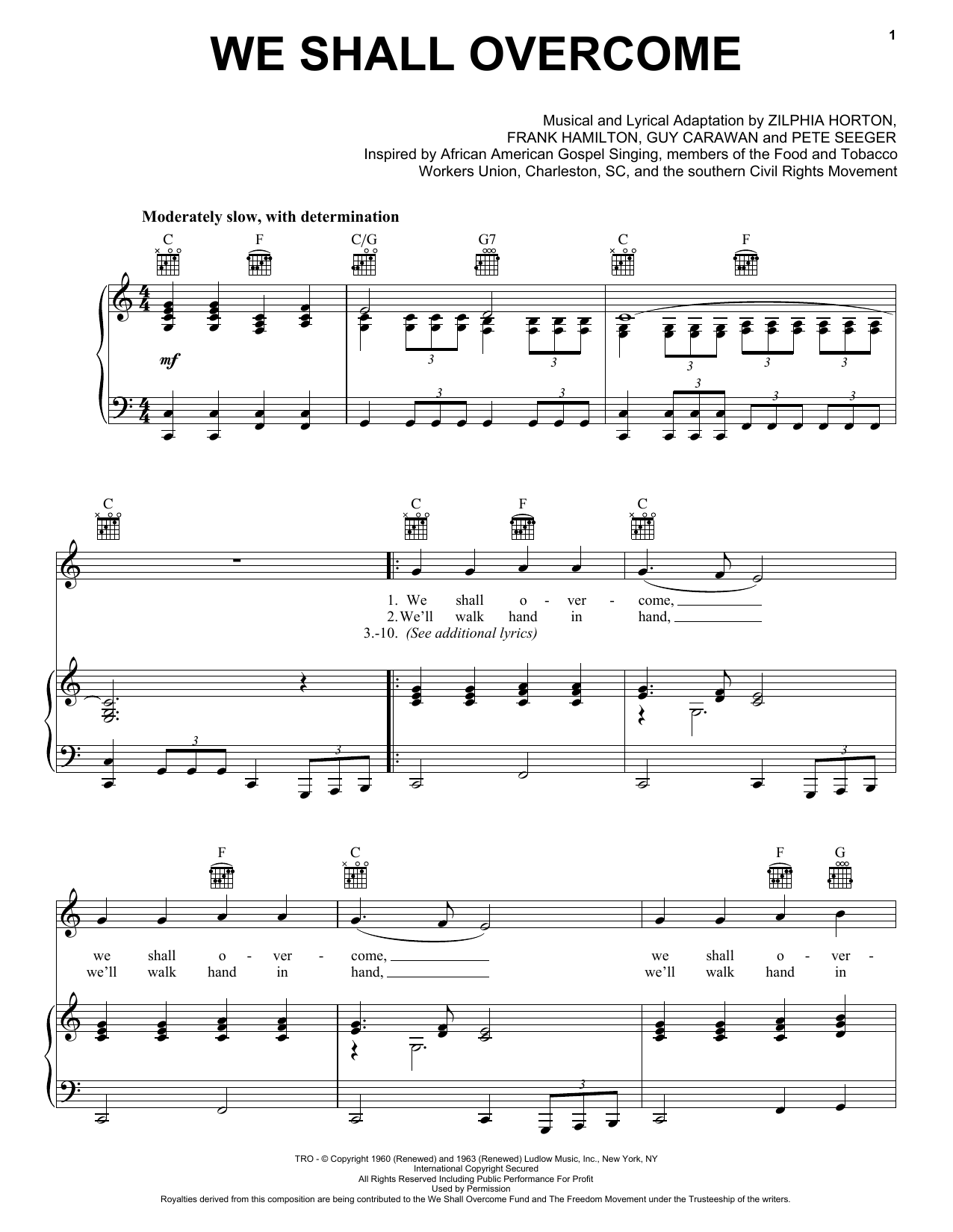 Joan Baez We Shall Overcome sheet music notes and chords arranged for Piano, Vocal & Guitar Chords (Right-Hand Melody)