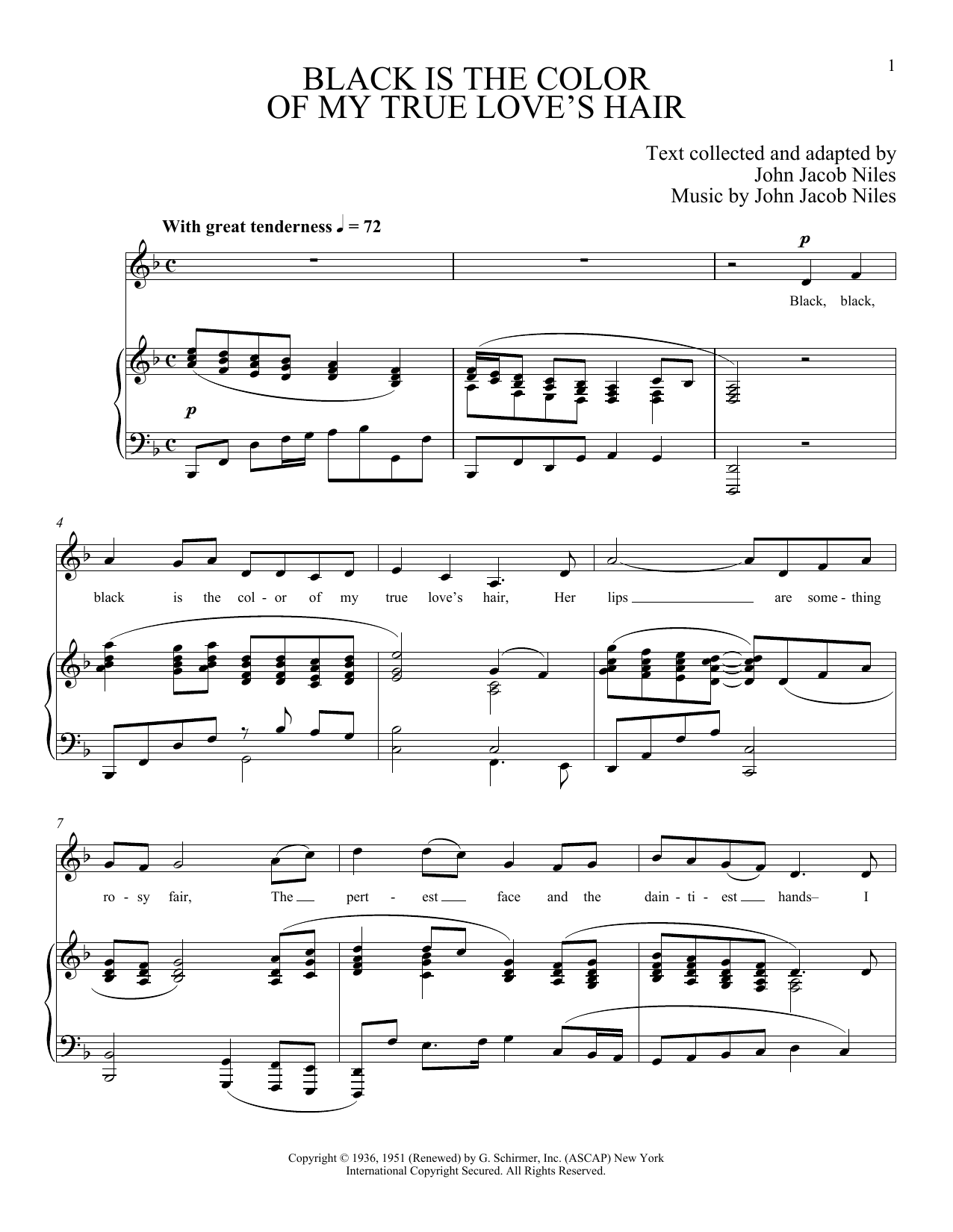 Joan Frey Boytim Black Is The Color Of My True Love's Hair sheet music notes and chords arranged for Piano & Vocal