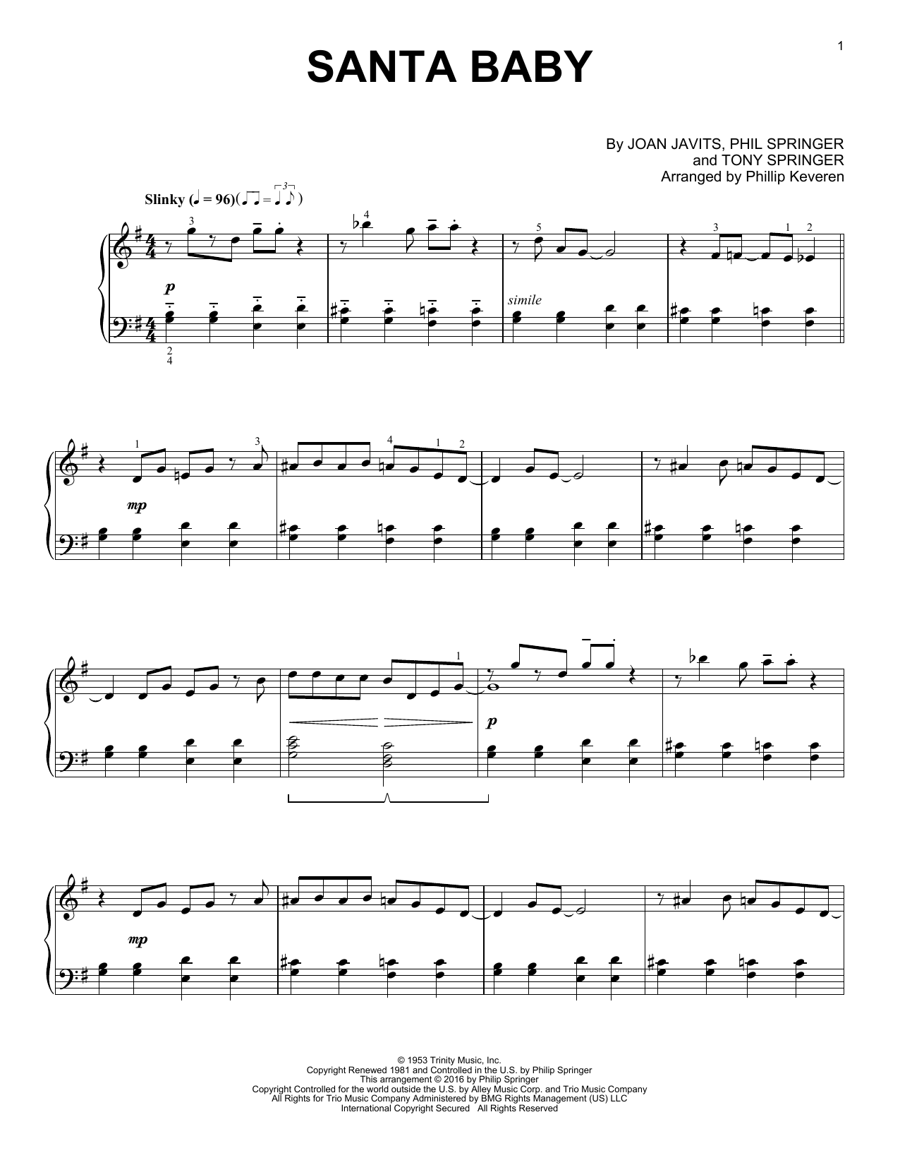 Joan Javits Santa Baby (arr. Phillip Keveren) sheet music notes and chords arranged for Piano Solo