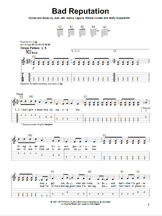 Joan Jett Bad Reputation sheet music notes and chords arranged for Easy Guitar Tab