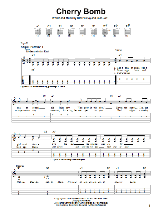 Joan Jett Cherry Bomb sheet music notes and chords arranged for Easy Guitar Tab