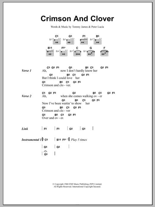 Joan Jett Crimson And Clover sheet music notes and chords arranged for Guitar Chords/Lyrics