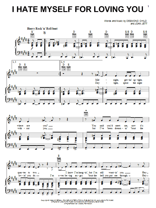 Joan Jett I Hate Myself For Loving You sheet music notes and chords arranged for Guitar Chords/Lyrics