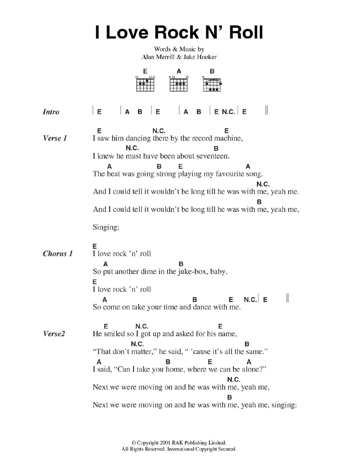 Joan Jett I Love Rock N' Roll sheet music notes and chords arranged for Guitar Chords/Lyrics