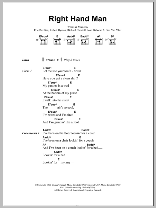 Joan Osbourne Right Hand Man sheet music notes and chords arranged for Guitar Chords/Lyrics