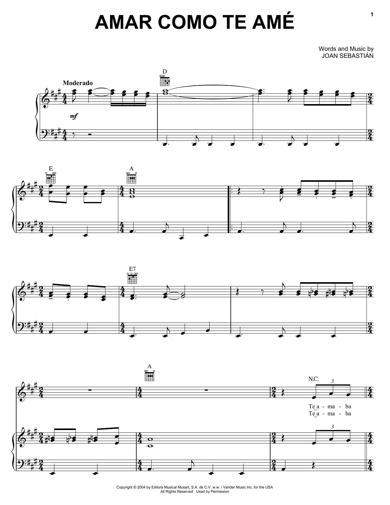 Joan Sebastian Amar Como Te Ame sheet music notes and chords arranged for Piano, Vocal & Guitar Chords (Right-Hand Melody)