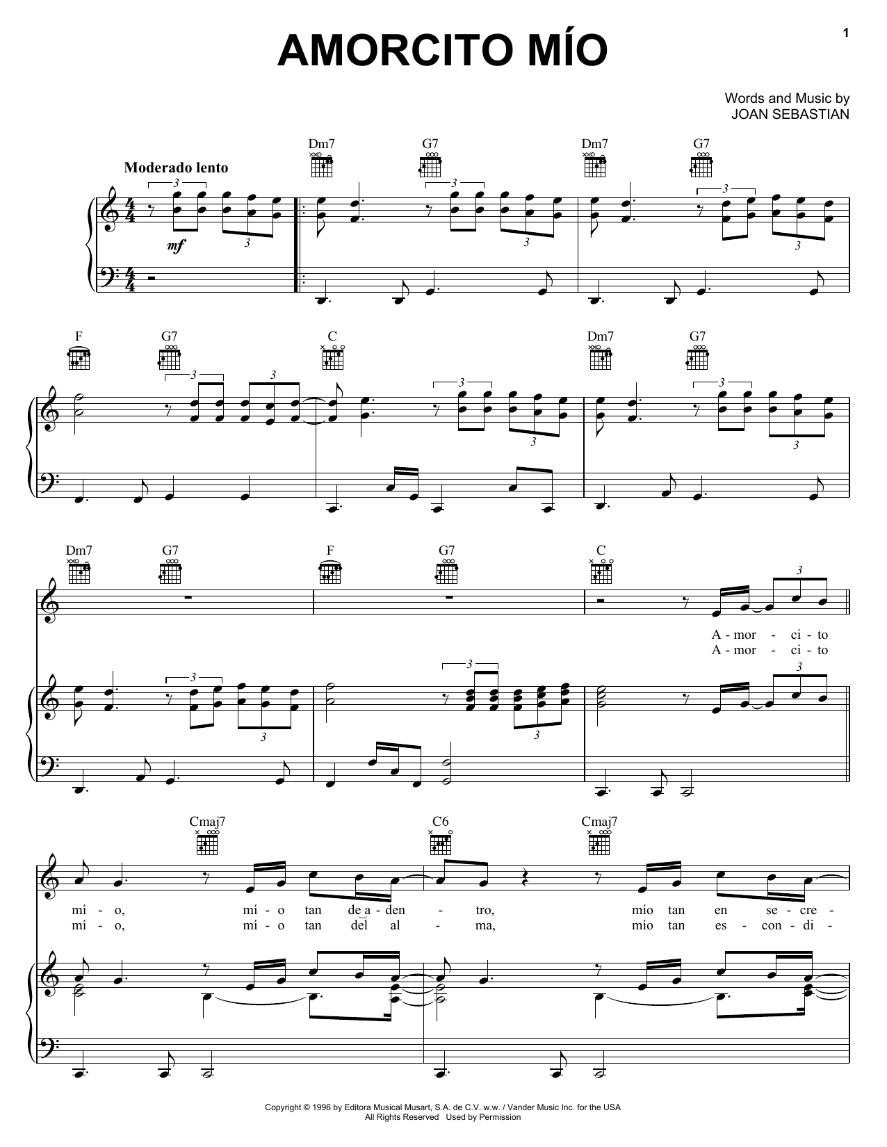 Joan Sebastian Amorcito Mío sheet music notes and chords arranged for Piano, Vocal & Guitar Chords (Right-Hand Melody)