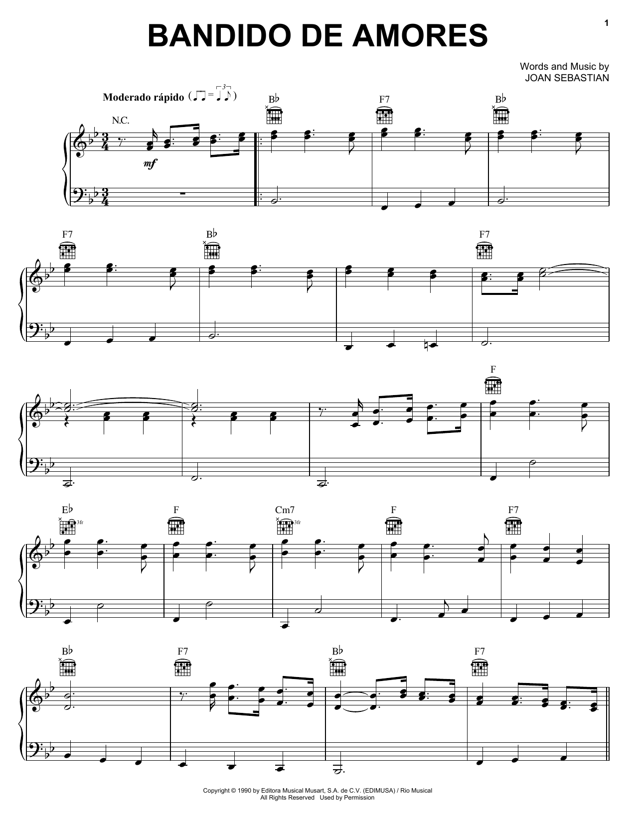 Joan Sebastian Bandido De Amores sheet music notes and chords arranged for Piano, Vocal & Guitar Chords (Right-Hand Melody)