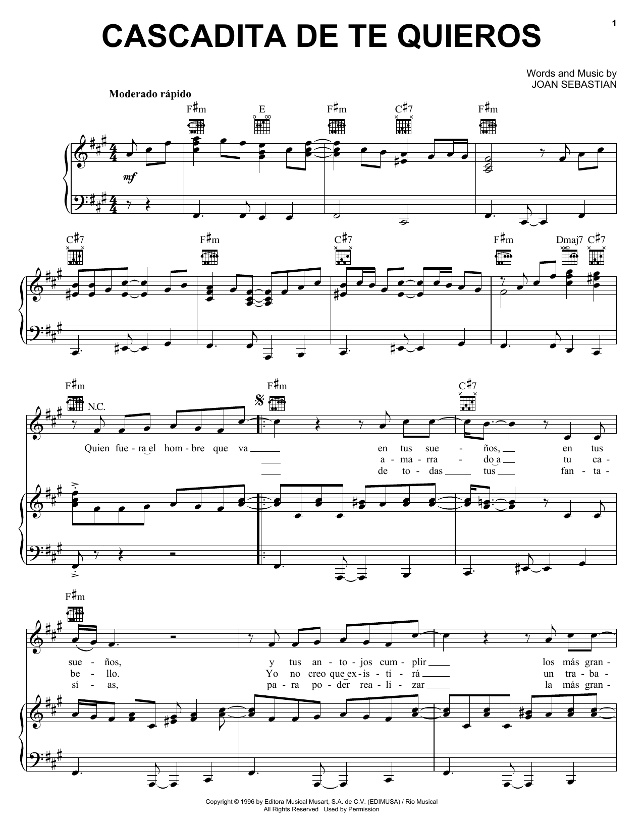 Joan Sebastian Cascadita De Te Quieros sheet music notes and chords arranged for Piano, Vocal & Guitar Chords (Right-Hand Melody)