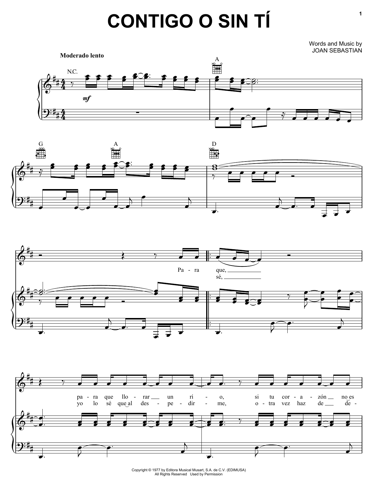 Joan Sebastian Contigo O Sin Tí sheet music notes and chords arranged for Piano, Vocal & Guitar Chords (Right-Hand Melody)