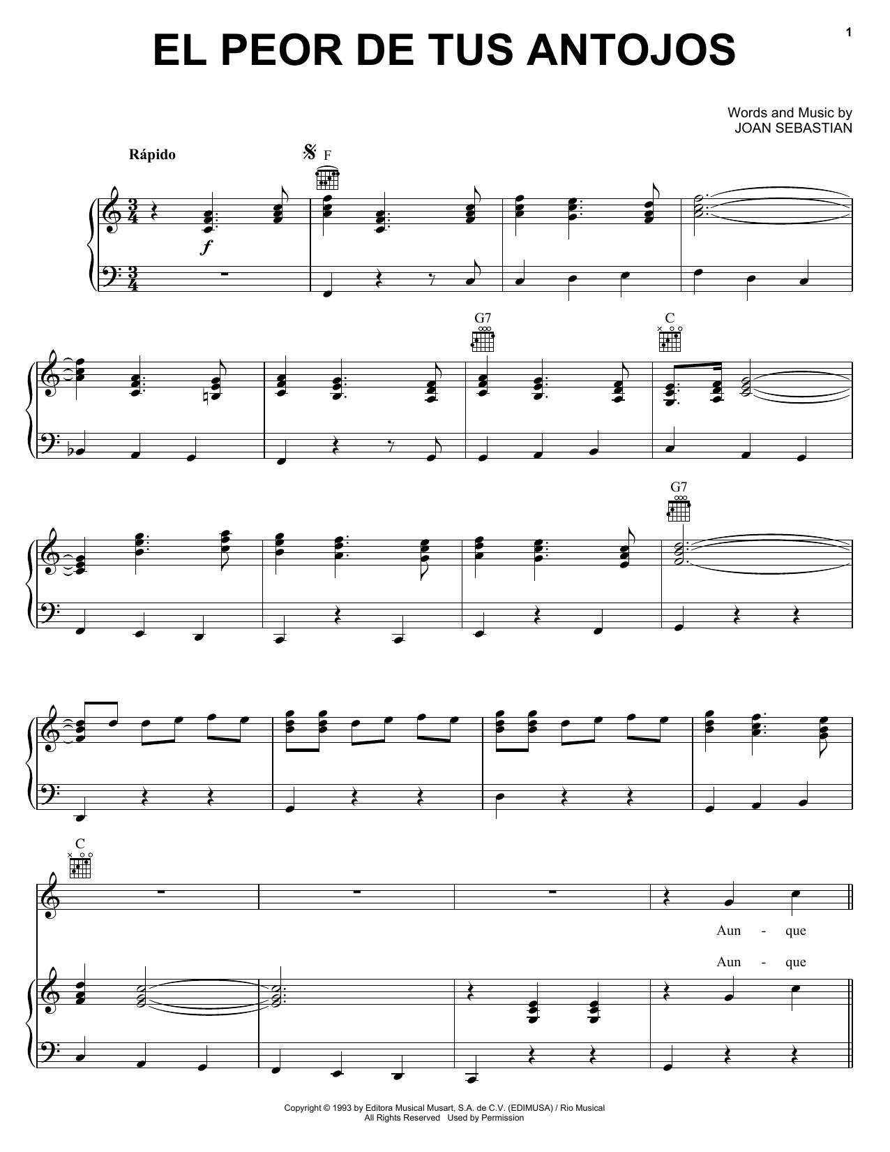 Joan Sebastian El Peor De Tus Antojos sheet music notes and chords arranged for Piano, Vocal & Guitar Chords (Right-Hand Melody)