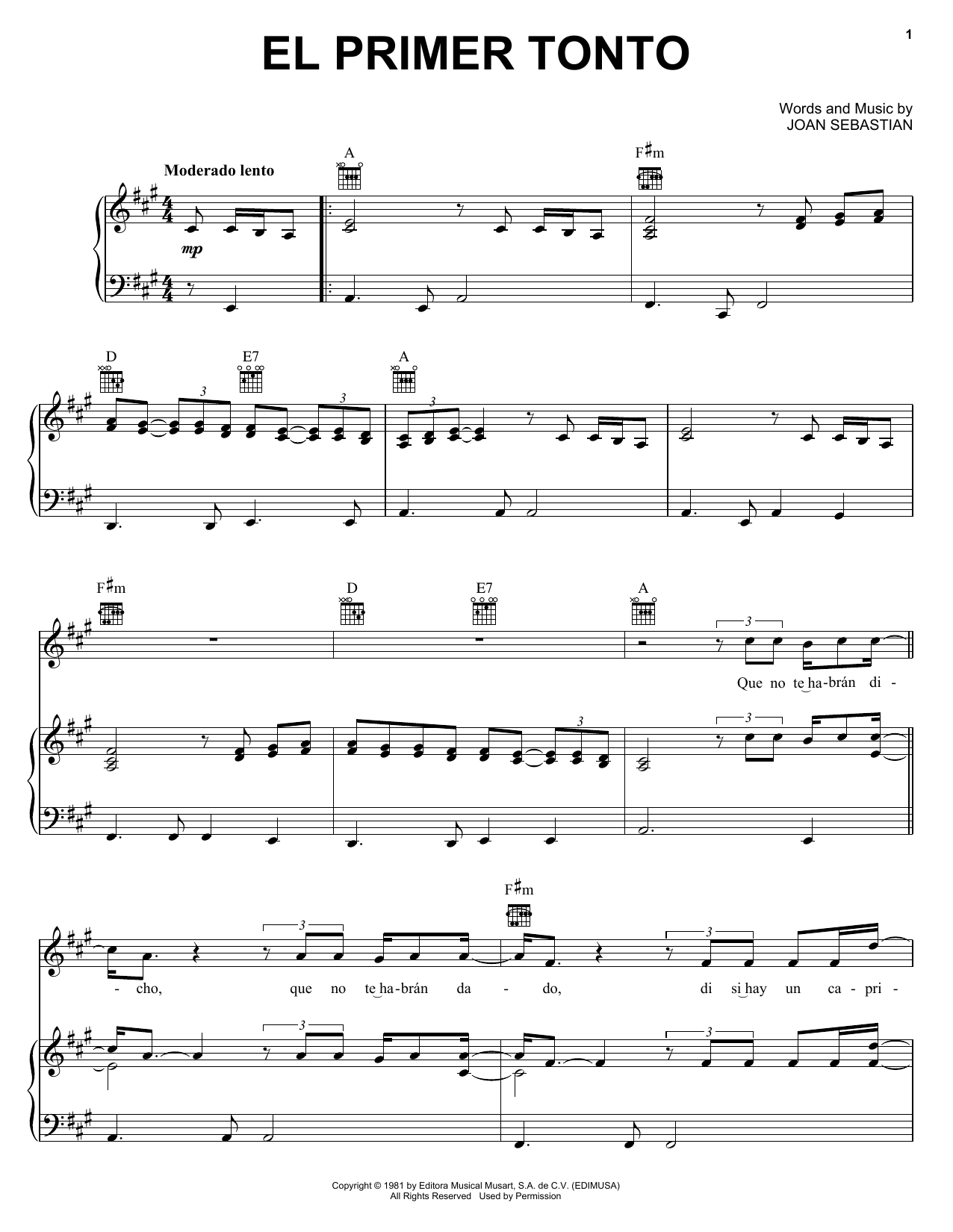 Joan Sebastian El Primer Tonto sheet music notes and chords arranged for Piano, Vocal & Guitar Chords (Right-Hand Melody)