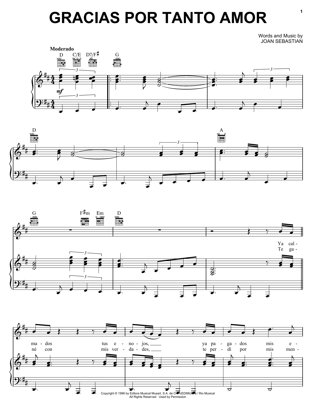 Joan Sebastian Gracias Por Tanto Amor sheet music notes and chords arranged for Piano, Vocal & Guitar Chords (Right-Hand Melody)