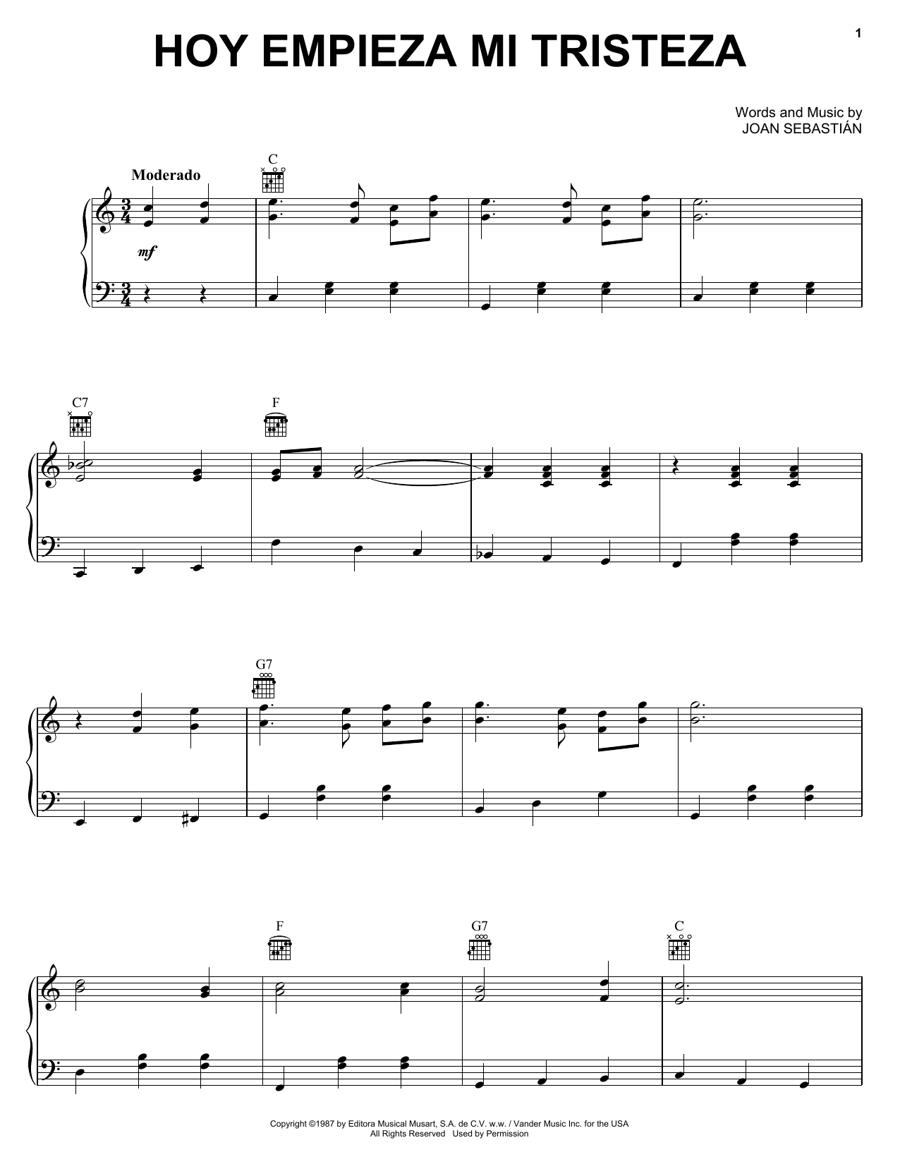 Joan Sebastian Hoy Empieza Mi Tristeza sheet music notes and chords arranged for Piano, Vocal & Guitar Chords (Right-Hand Melody)