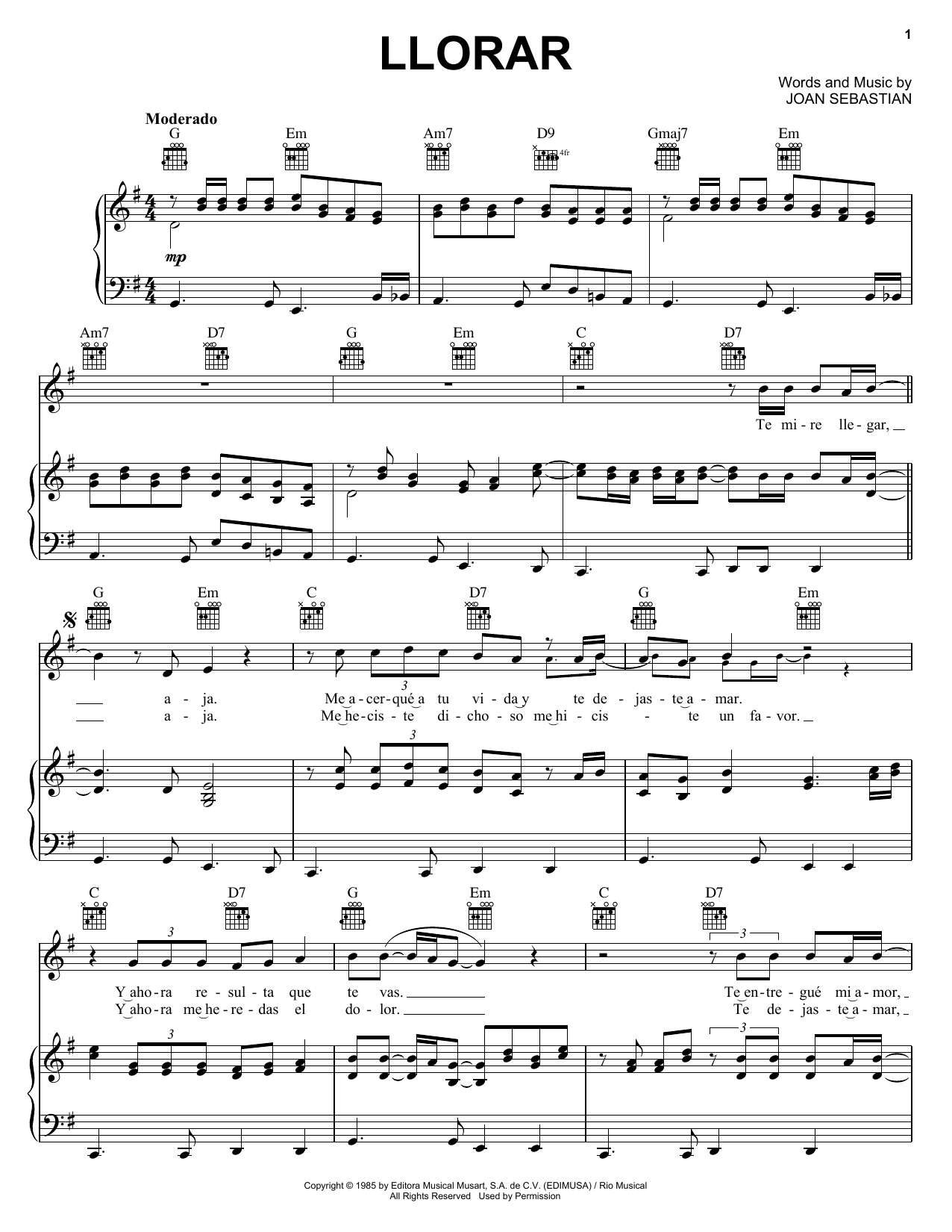 Joan Sebastian Llorar sheet music notes and chords arranged for Piano, Vocal & Guitar Chords (Right-Hand Melody)