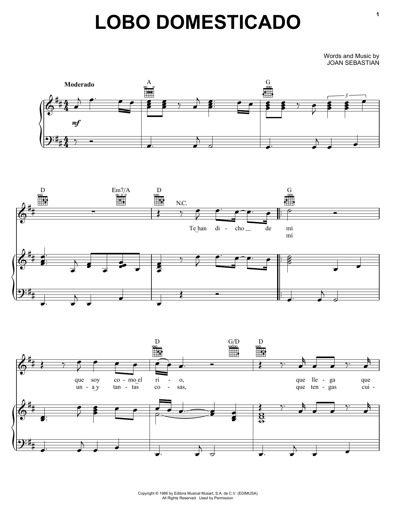 Joan Sebastian Lobo Domesticado sheet music notes and chords arranged for Piano, Vocal & Guitar Chords (Right-Hand Melody)