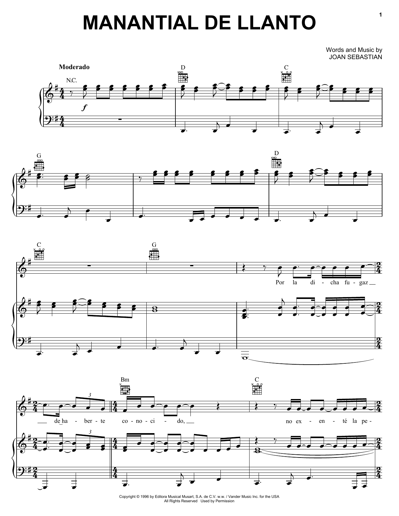 Joan Sebastian Manantial De Llanto sheet music notes and chords arranged for Piano, Vocal & Guitar Chords (Right-Hand Melody)