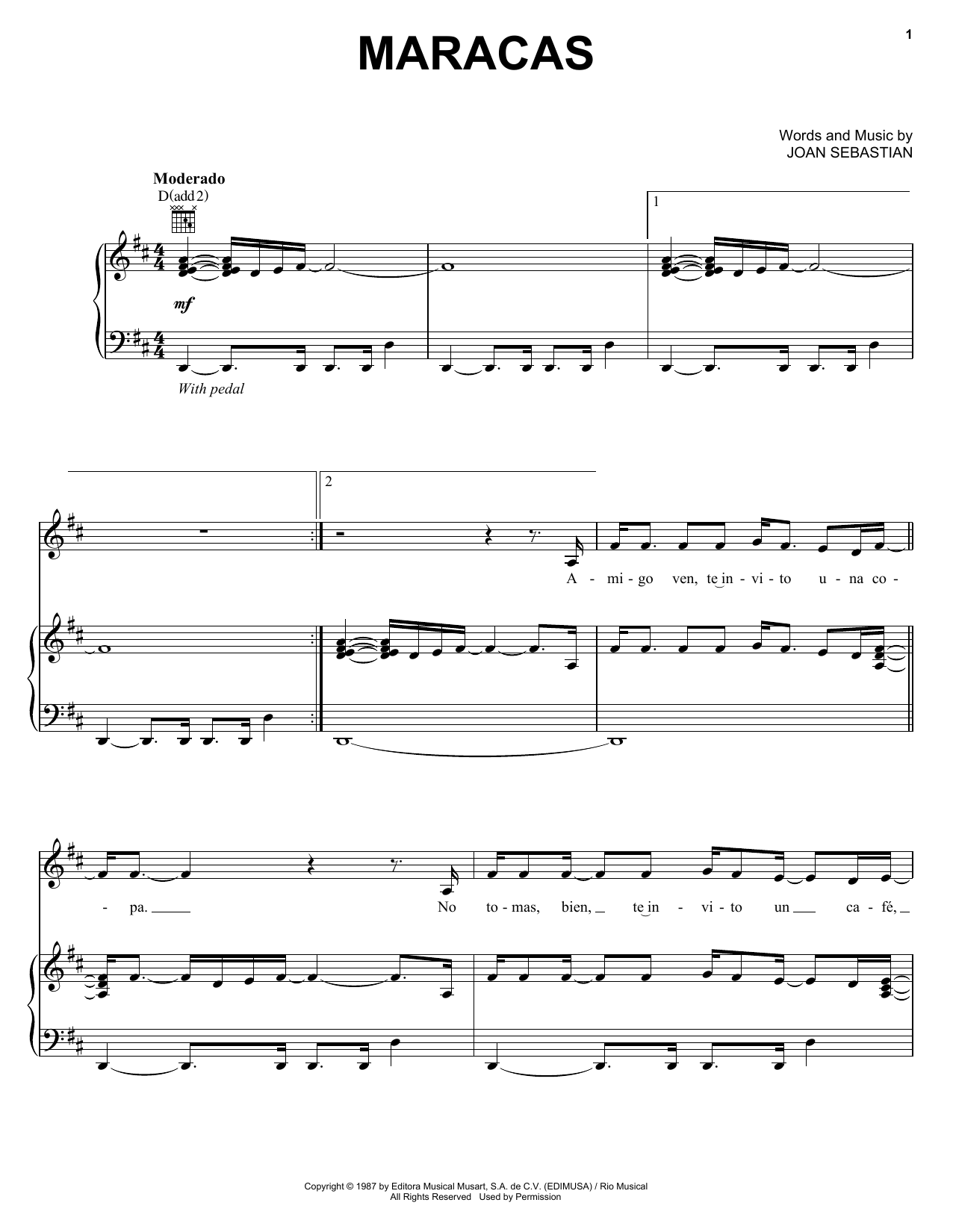 Joan Sebastian Maracas sheet music notes and chords arranged for Piano, Vocal & Guitar Chords (Right-Hand Melody)