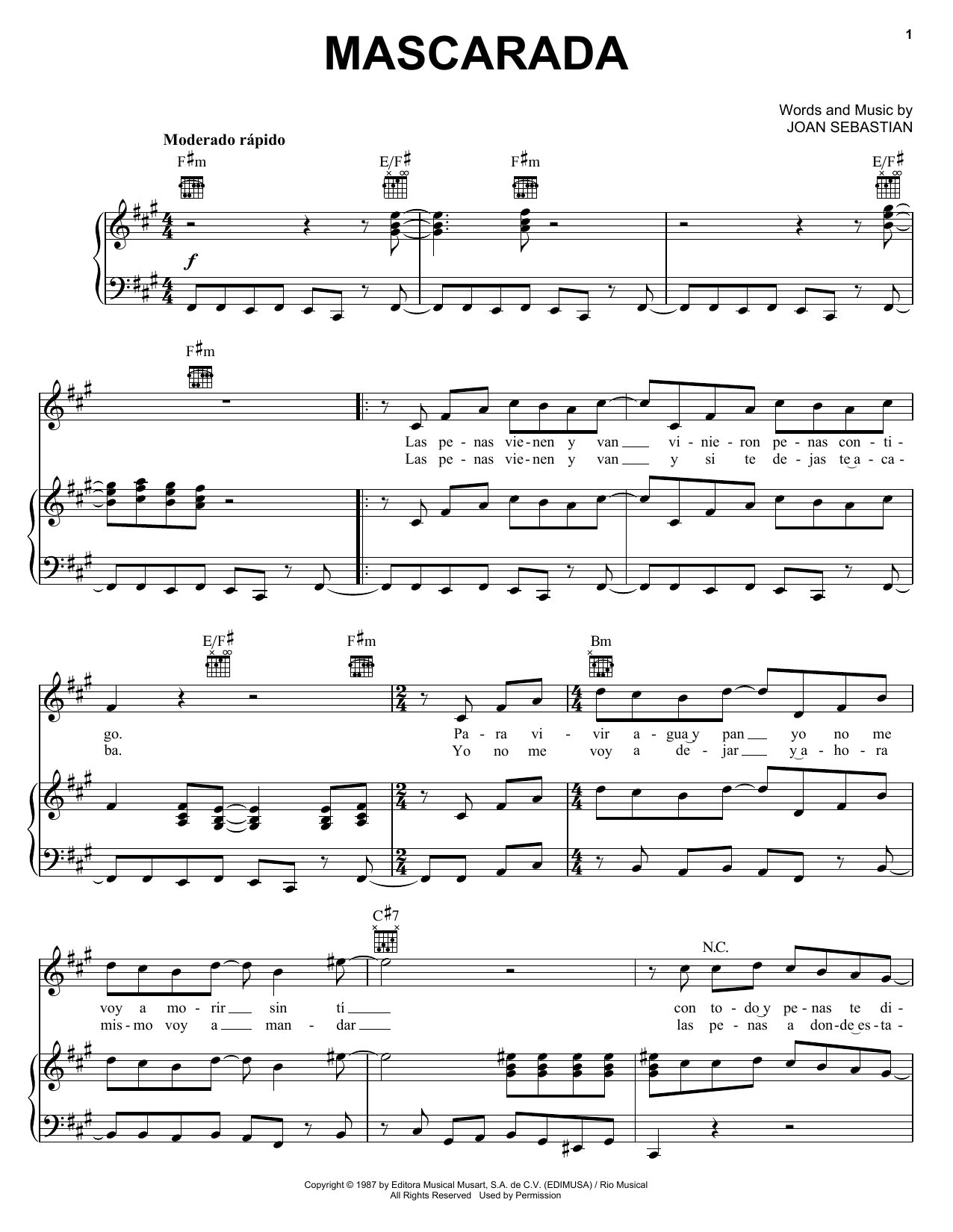 Joan Sebastian Mascarada sheet music notes and chords arranged for Piano, Vocal & Guitar Chords (Right-Hand Melody)