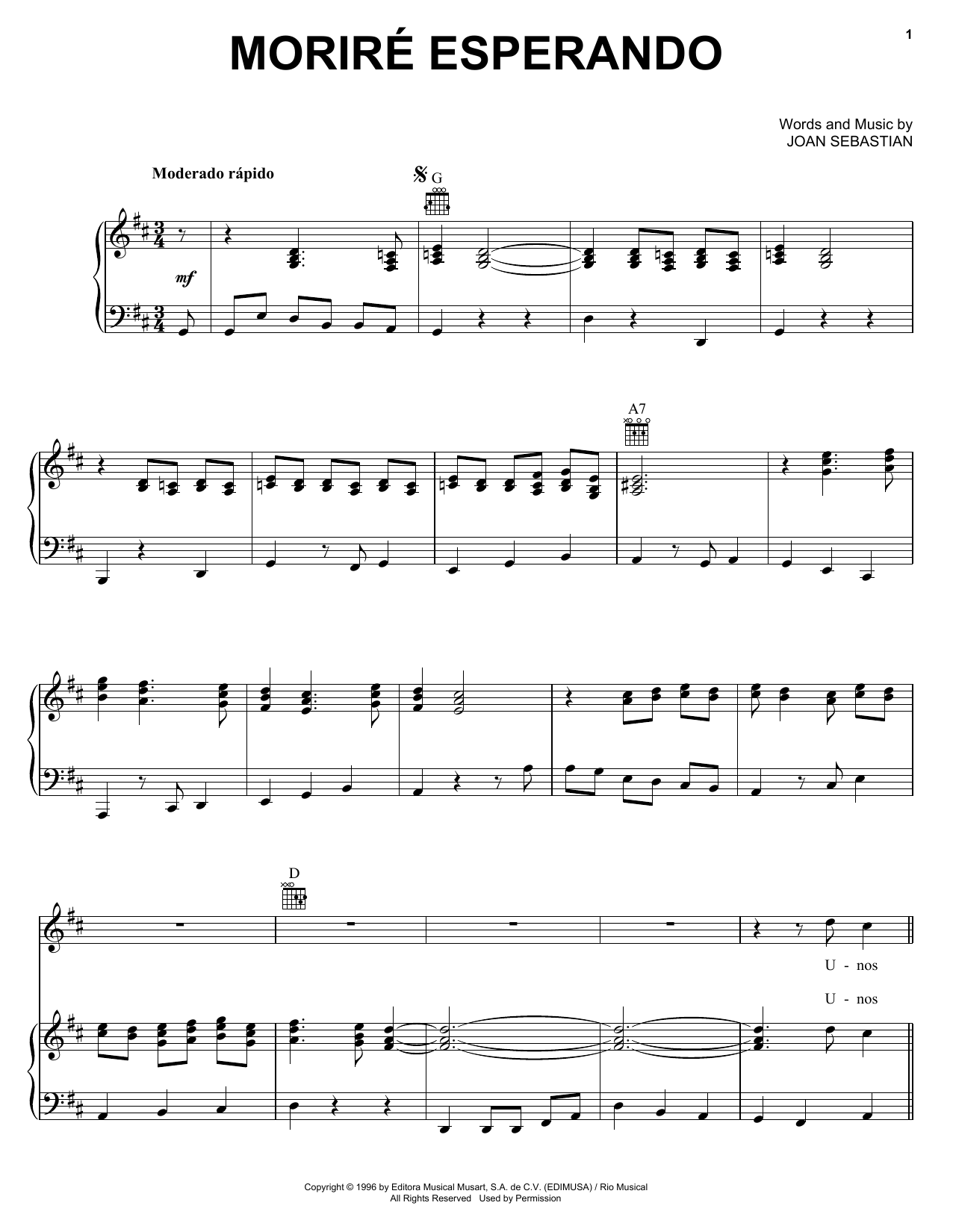 Joan Sebastian Morire Esperando sheet music notes and chords arranged for Piano, Vocal & Guitar Chords (Right-Hand Melody)