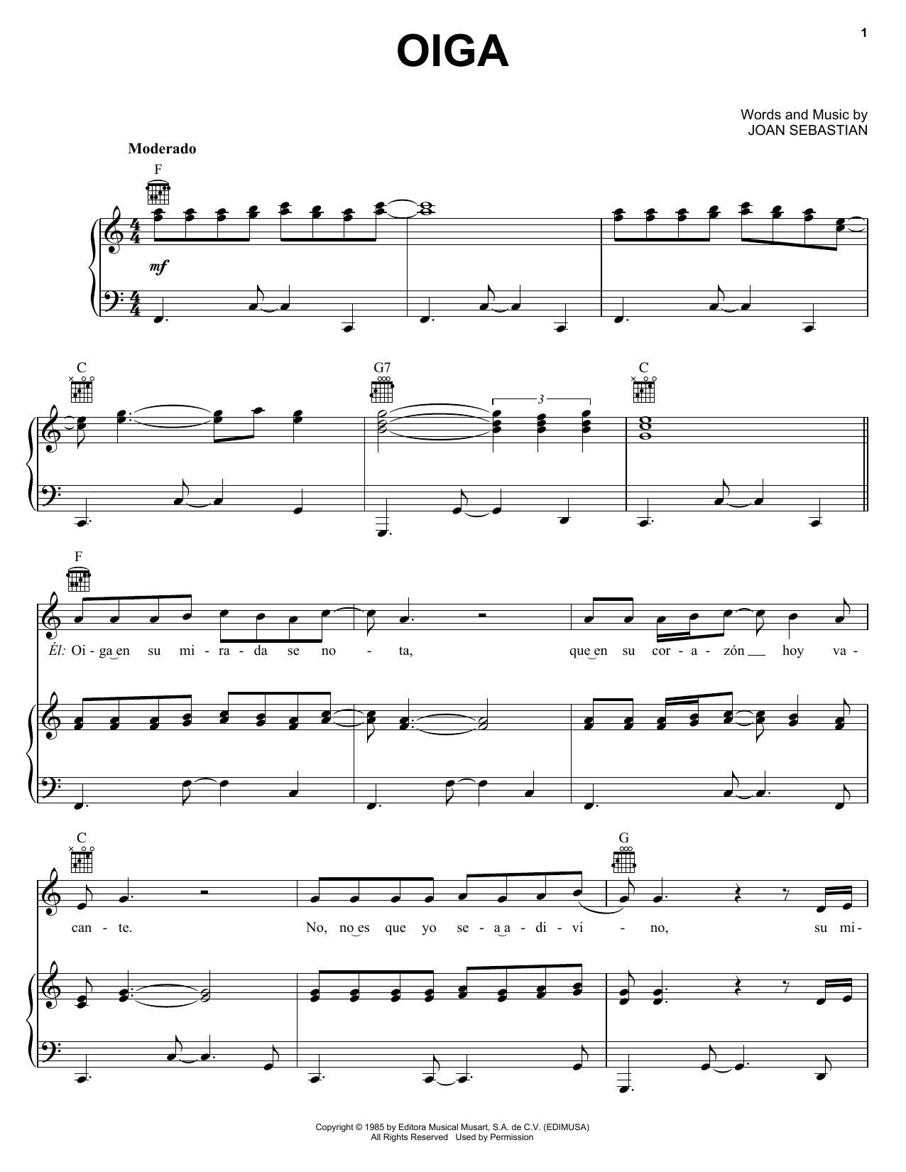 Joan Sebastian Oiga sheet music notes and chords arranged for Piano, Vocal & Guitar Chords (Right-Hand Melody)