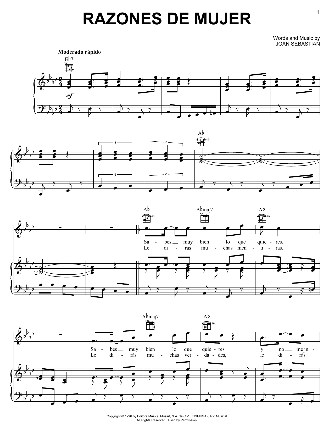 Joan Sebastian Razones De Mujer sheet music notes and chords arranged for Piano, Vocal & Guitar Chords (Right-Hand Melody)