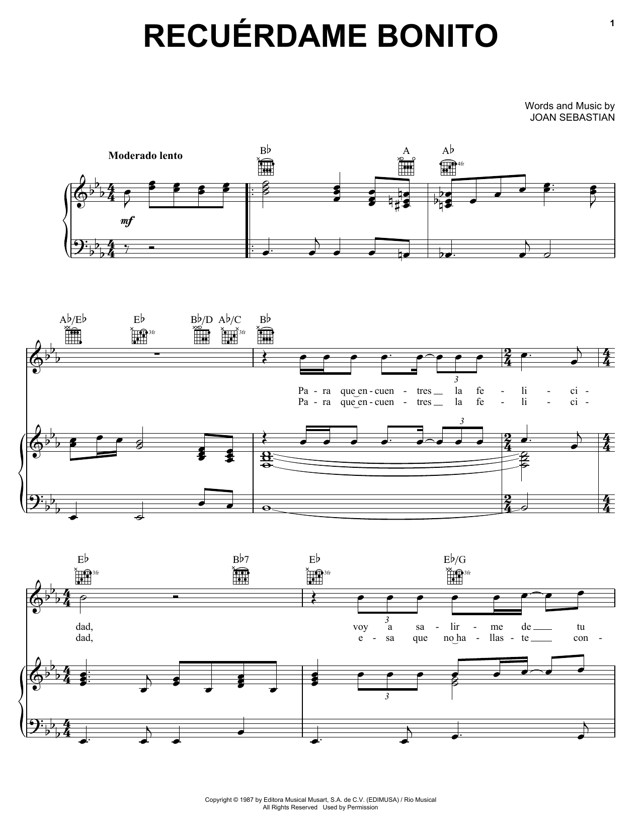 Joan Sebastian Recúerdame Bonito sheet music notes and chords arranged for Piano, Vocal & Guitar Chords (Right-Hand Melody)